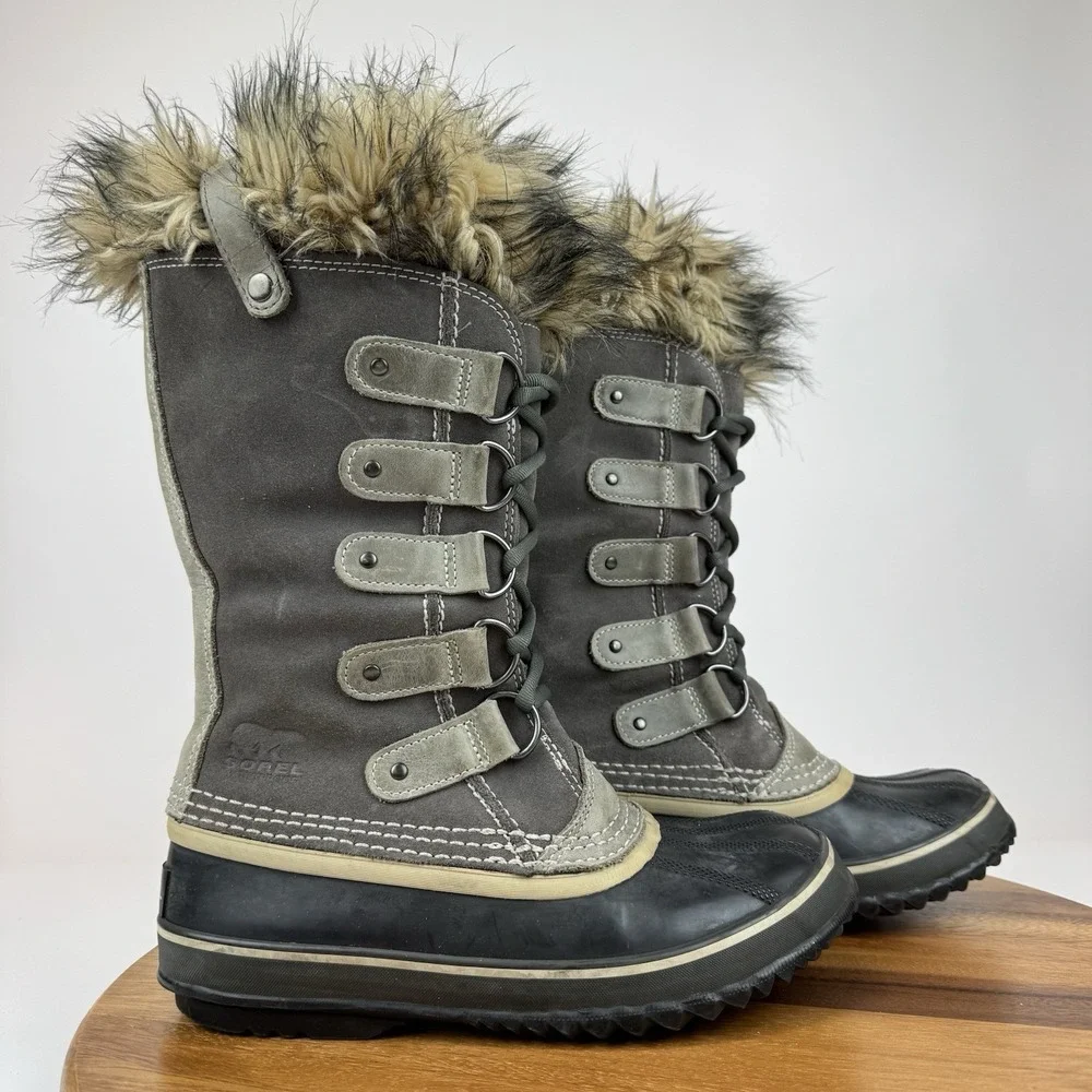 Womens Sorel Joan of Arctic Faux Fur Gray Leather Waterproof Snow Boots Size 7 M